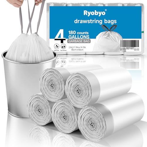 180 Counts Drawstring Small Trash Bags 2-4 Gallon, 4 Gallon Mini Trash Bag Extra Strong, Small Garbage Bags Unscented, Stretchy, Quick Cinch for Bathroom Bedroom Office,White