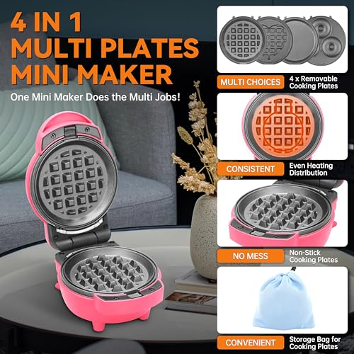 Baker's Friend 4 in 1 Mini Waffle Maker with Removable Plates, Set Includes Mini Pancake, Donut, Heart Shape Waffle Makers, Compact Size, Recipe Included, Red