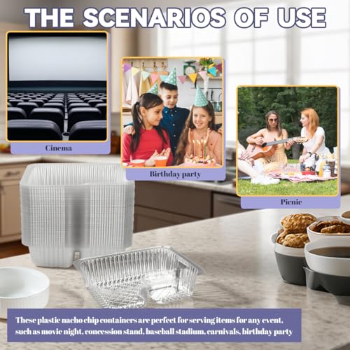 100 Pcs 12oz 6.5''x5'' Plastic Nacho Trays, Small Disposable Tray for Nachos & Cheese Dip, Clear Nacho Containers for Chip, 2 Compartment Movie Night Snack Trays Great for Snacks, Fair Foods