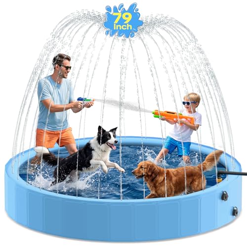 79'' Dog Pool with Sprinkler, Foldable Dog Pools for Large Dogs, 2-in-1 Non-Slip Swimming Pool for Dogs & Kids, Heavy Duty Hard Plastic Pet Bathing Tub for Outdoor Backyard, Blue