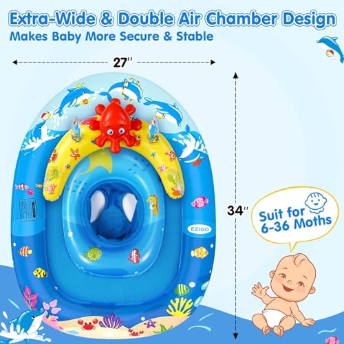 EZIGO Baby Pool Float with Canopy UPF50+ Sun Protection, Inflatable Kids Pool Floats with Ocean Animal Toys for Baby 6-36 Months, Infant Swimming Float with Adjustable Safety Seat for Boys Girls
