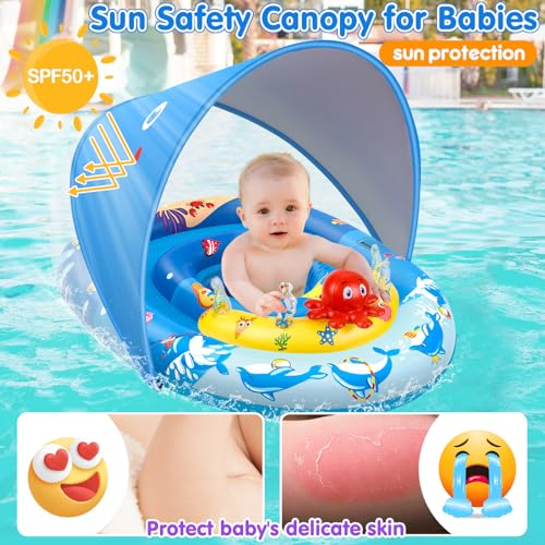 EZIGO Baby Pool Float with Canopy UPF50+ Sun Protection, Inflatable Kids Pool Floats with Ocean Animal Toys for Baby 6-36 Months, Infant Swimming Float with Adjustable Safety Seat for Boys Girls