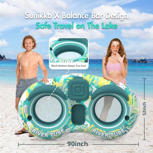 Sunikko X 5-in-1 Pool Floats Adult Heavy Duty River Tube, 2 Person Water Lounge Tanning Pool with Backrests, Built-in Cooler, Cup Holders, Deluxe Pool Toys for Summer Relaxation