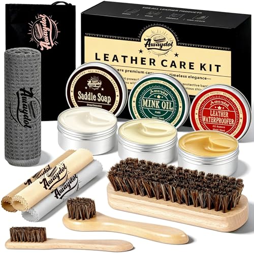 10 PCS Leather Care Kit - Horsehair Brushes,Saddle Soap,Waterproofing Wax,Mink Oil Conditioner,Polishing Cloth,Microfiber cloth,Boot Shoe Shine Cleaning Kit Gift for Men Cowboy Husband Dad