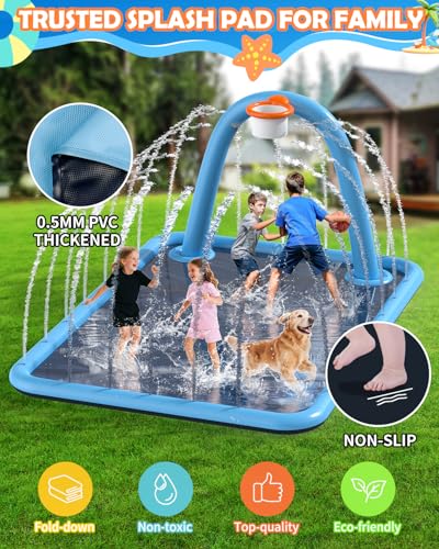 Splash Pad for Kids & Dogs, Large Sprinkler Pad Water Toys with Basketball Hoop, Thickened Non-Slip Splash Mat, Foldable Play Pool & Outdoor Summer Toys Ages 4-12 (102" Splash Pad)