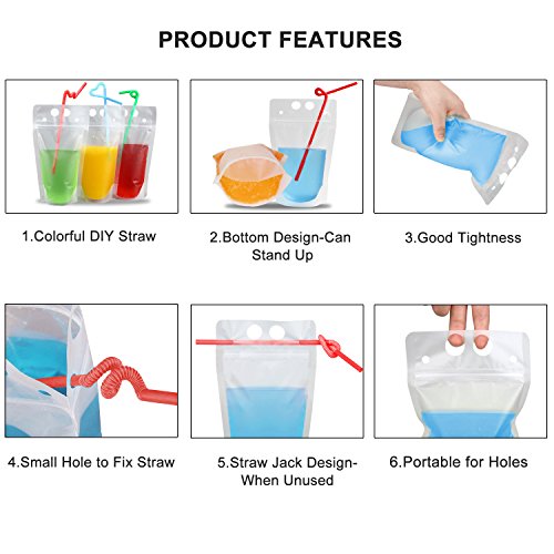100 Pcs Drink Pouches with 100 Straw Holes, Freezable Juice Pouches, Translucent Reclosable Zipper Plastic Pouche Drink Bags for Cold & Hot Drinks for Adults and Kids
