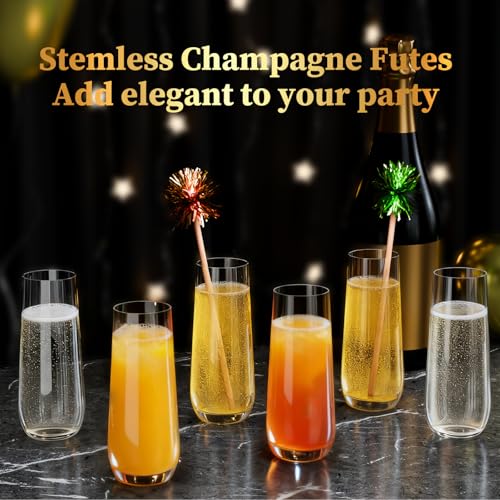 Guanqiao 12 Pack Stemless Plastic Champagne Flutes, 9 oz Clear Disposable Plastic Glasses, Heavy Duty Shatterproof Recyclable Mimosa Glasses for Party Wine Tasting Wedding New Years Eve Party Supplies