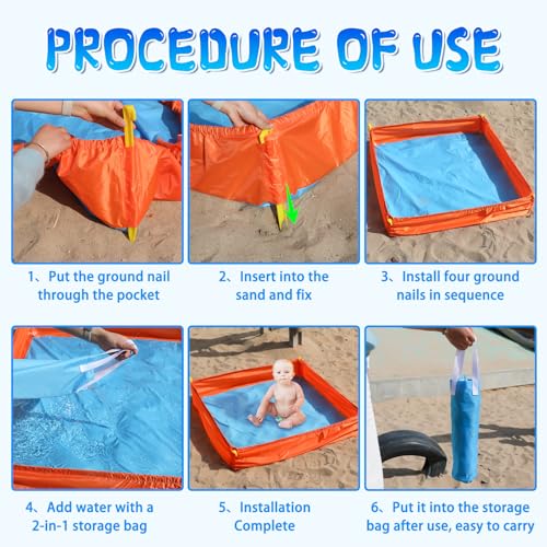 MUOUAKATE 3.3 X 3.3 Ft Portable Beach Square Puddle, Foldable Beach Pool for Boys Girls Ages 2 3 4 5 6 7 8, Upgrade Beach Essentials with Carrying Bag, No Need to Dig Holes and inflate