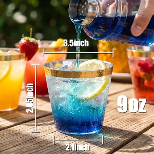 I00000 200 Pack Gold Plastic Cups, 9 Oz Elegant Clear Plastic Cups Gold Rimmed Disposable Wine Glasses Fancy Disposable Party Cup Wedding Cup Drinking Tumblers Cocktail Glasses Perfect for Party