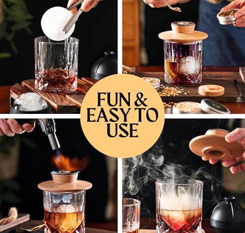 Whiskey Smoker Kit - Cocktail Smoker Kit with Torch, 2 Whiskey Glasses, 2 Ice Ball Makers, 6 Flavors Wood Chips - Old Fashioned Smokers - Bourbon Drink Smoking Set - Whiskey Accessories Gifts for Men