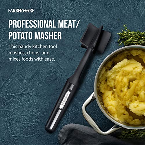 FARBERWARE Nylon Meat and Potato Masher – 5-Blade Ground Meat Chopper, Heat-Resistant to 450°F, Safe for Nonstick Cookware, Ergonomic Handle, 10-Inch, Dishwasher-Safe, Black