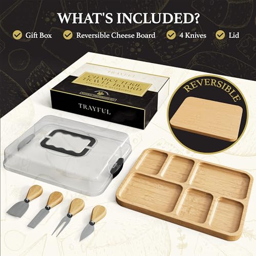 Charcuterie Board with Lid - Reversible, 2-in-1 Travel Portable Cheese Board for Picnics & Entertaining - Housewarming Gift Set Idea - Covered Snack Serving Tray - Large Food Platter