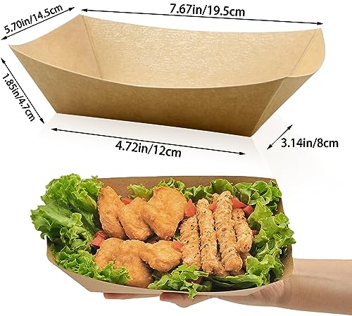 Oomcu 100 Pack 3 lb Heavy Duty Paper Food Trays - Disposable Kraft Brown Paper Boats for Party Snacks, Nachos, Hot Dogs, Tacos & BBQ