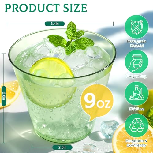 9 oz Clear Plastic Cups Green Plastic Disposable Cups for Cocktail 50 Pack Fancy Cocktail Cup for Party Stemless Wine Glasses for Wedding Graduation Birthday