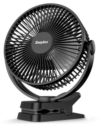 EasyAcc 10000mAh Portable Clip on Fan - 8 inch 37H Working Time Quiet Battery Rechargeable Desk Fan, Strong Airflow, Digital Display, 5 Speeds, Sturdy Clamp Fan for Golf Cart Office Bed Travel Camping