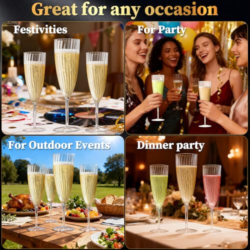 GuanQiao 16 Pack Clear Champagne Flutes, 6oz Disposable Wine Glasses with Long Stem, Reusable Plastic Cocktail Glasses for New Years Eve Party Birthday Wedding Celebration Toasting Drinking