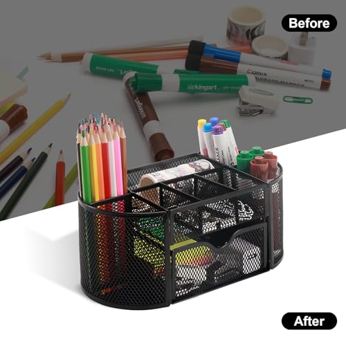 Comix Mesh Pen Pencil Holder Desk Organizer, 8 Compartment and 1 Drawer Wire Desktop Pen Pencil Cup Caddy Office Supplies Accessories for Home Office School, Black