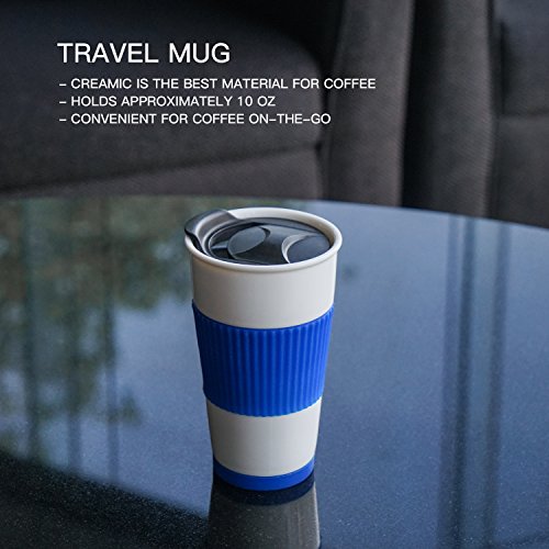 Ceramic Double Wall Insulated Travel Coffee Cup with Slider Lid, Silicone Sleeve & Built-In Coaster, 10 fl.oz (Coffee)