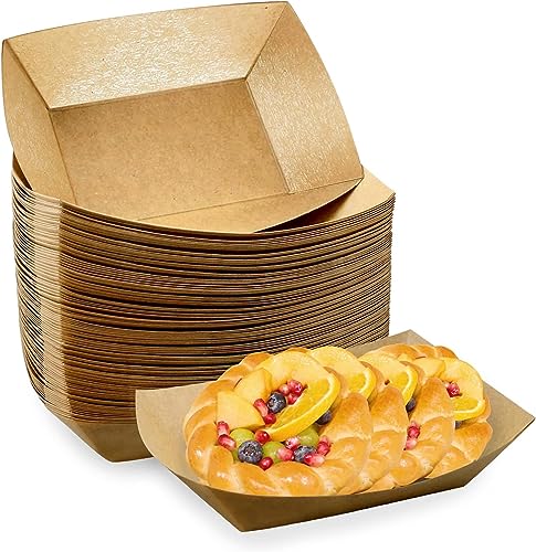 Oomcu 100 Pack 3 lb Heavy Duty Paper Food Trays - Disposable Kraft Brown Paper Boats for Party Snacks, Nachos, Hot Dogs, Tacos & BBQ