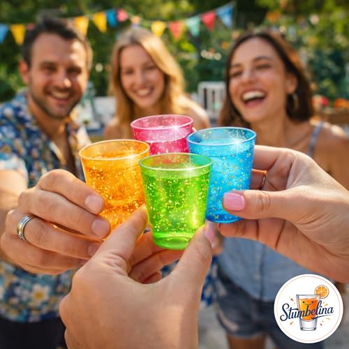 Stumbelina 100 COUNT (1 oz) NEON SPARKLE | PLASTIC SHOT GLASS CUPS | BRIGHT MULTI-COLOR Variety Pack | Disposable Party Mini Cups | Perfect for Jello Shots, Dessert Shooters, Parties, Weddings, Bars