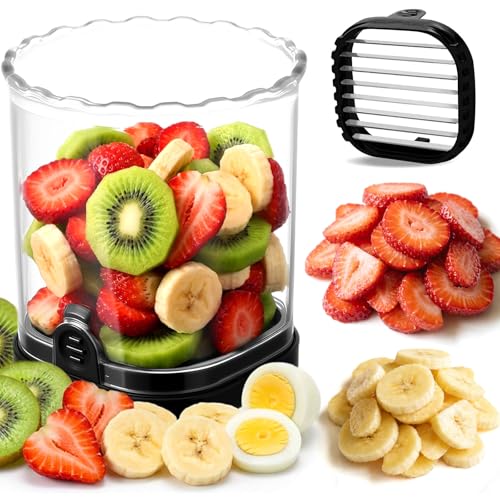 Hendiy Strawberry Slicer with Stainless Steel Blades | Egg & Fruit Slicer Cup for Banana, Cucumber, Mushroom | ABS Detachable Kitchen Gadget - Precision Berry Cutter Tool (Black, 1-Pack)