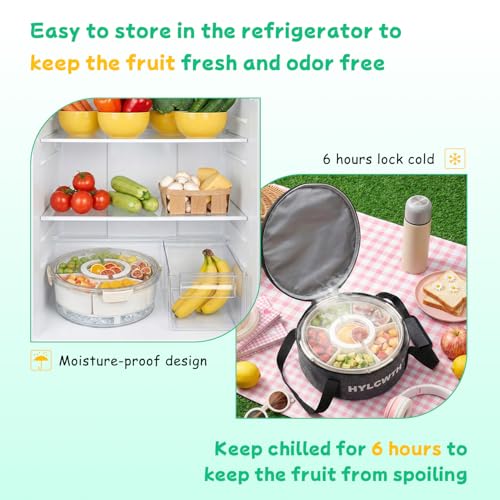 Divided Serving Tray with Lid and Handle, Rounded Snackle Box with 6 Compartments and Chill Base for Fruits, Candy, Veggie, Travel Snack Container with Portable Insulated Bag & Ice Cube Tray & 5 Forks