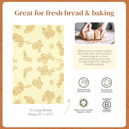 Bee's Wrap Beeswax Wraps for Bread - Beeswax Bread Wrap for Sourdough & Bread Storage - Plastic Free Made in USA Reusable Natural Food Wrap - Honeycomb