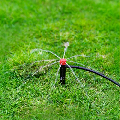 50pcs Drip Emitters for 1/4" Drip Irrigation Tubing, Adjustable 360 Degree Water Flow Drippers on 5" Arrow Stake, Garden Irrigation Drippers for (4-7mm) Watering System