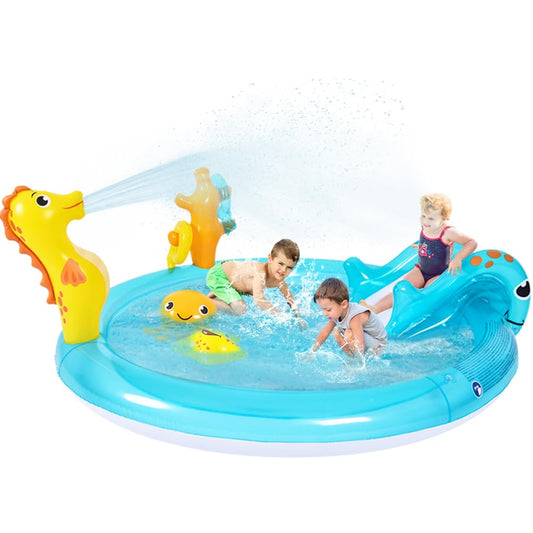 Sea Animal Inflatable Kids Pool with Slide and Sprinkler, Inflatable Play Center with Rings & Animal Figures, 78"x59.5"x15.5" Kiddie Pool for Summer Outdoor Backyard
