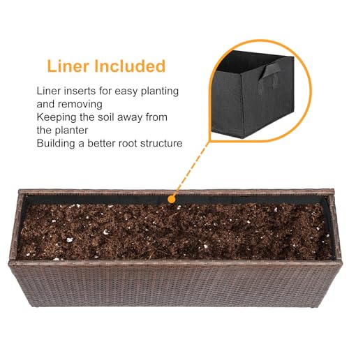 SUNNYPARK Brown Rectangular Planter Box All-Weather PE Rattan Large Modern Planters with Removable Liner Indoor Outdoor Decorative Flower Pot for Patio, Balcony, Garden