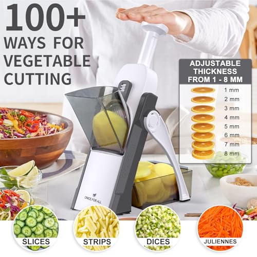 ONCE FOR ALL Safe Mandoline Slicer 5 in 1 Vegetable Chopper Food Potato Cutter, Strips Julienne Dicer Adjustable Thickness 0.1-8 mm Kitchen Chopping Artifact Fast Meal Prep (Gray)