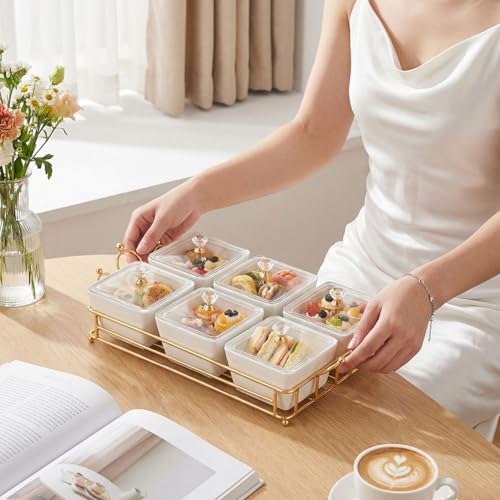 YA JU Ceramic Bowls and with Lid Gold Basket Trays, 6 Removable Small Bowls Condiment Trays Nut Serving Set for Snacks, Fruits, Candy and Condiments -Great for Parties, Holiday Gifts, White