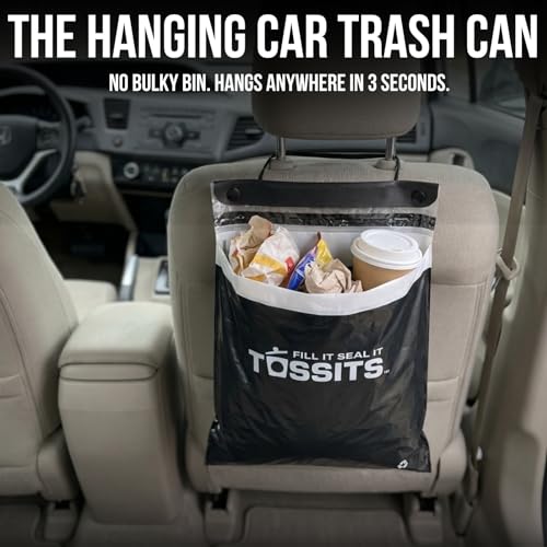 Tossits Recycled Disposable Car Trash Bags – Leakproof, Smell Proof Hanging Garbage Bags for Car, Truck, SUV, RV & Vehicle – Black, 7 Count Disposable Automotive Trash Bags