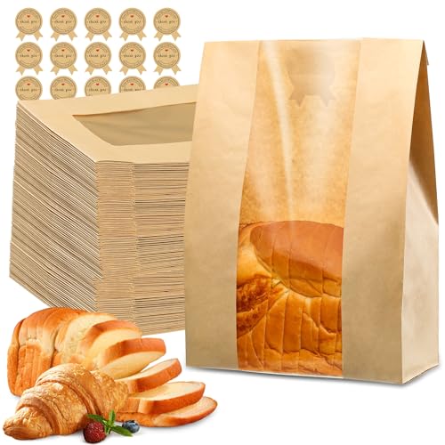 50 Pcs Bread Bags for Homemade Bread, Sourdough Paper With Window, 50% Thicker 13.7x8.2x3.7in A Large Bakery Bags Used for Storage Cookies & Snacks, 60 Cute Sealing Stickers With Ties