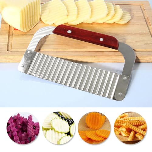 Murtenze Stainless Steel Crinkle Cutter, Wavy Potato Soap Cutting Tool Heavy Duty Wavy Crinkle Cutting Chopping French Fry Slicer Wavy Rotary Cutter with Wooden Handle for Carrot Vegetable(1 Pack)
