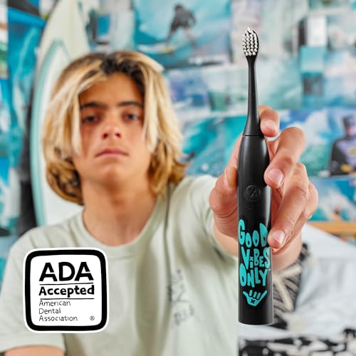 Made by Dentists Sonic X Electric Toothbrush – Rechargeable Kids Sonic Toothbrush, 8X Plaque Removal, 2 Speed Modes, 2-Minute Timer 6 Brush Heads Included, Tweens Ages 7+, Good Vibes Only Edition