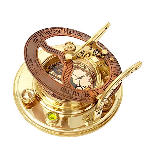 Brass Nautical - Antique Brass & Copper Sundial Compass, Sundial Clock in Box Gift Sun Clock Ship Replica Watch