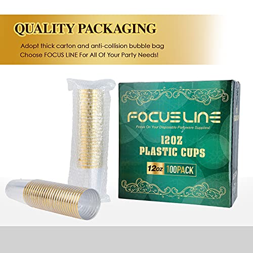 FOCUSLINE 100 Pack 12 oz Gold Rimmed Plastic Cups, 12 Ounce Clear Plastic Tumblers, Heavy-duty & Fancy Disposable Hard Cups with Gold Rim for Wedding