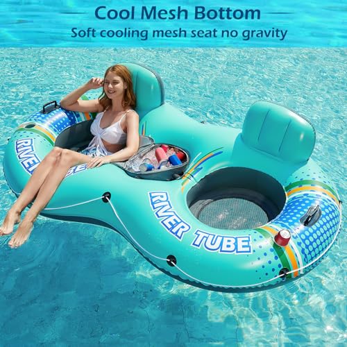 Jasonwell Heavy Duty 2 Person Inflatable River/Pool Tube Float with Removable Cooler, Tubes for Lake, Floating River Raft Lounge Floatie with 2 cup Holders For Adults, Cyan