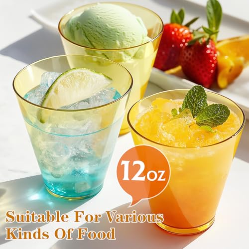 12 oz Clear Plastic Cups Disposable Gold Plastic Cocktail Glasses 50 Pack Drinking Disposable Wine Cups for Party Birthday Wedding Graduation