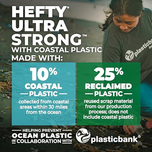 Hefty Ultra Strong 13 Gallon Trash Bags, Tall Kitchen Trash Bags Made with Recovered Materials, Including Coastal Plastic, Drawstring, Resists Leaks and Punctures, Gray, Seaside Breeze Scent, 80 Bags