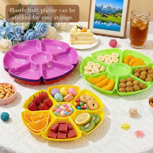AVLA 12 Pcs Plastic Snack Serving Tray, 12 Inch Unbreakable Chip and Dip Divided Serving Plates, Round 7 Compartments Multifunctional Food Platter for Snack, Nuts, Candy, Dried Fruit, Veggies