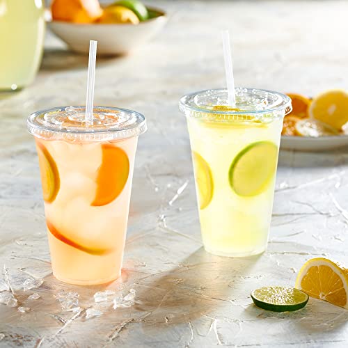 GUSTO Clear Plastic Cups with Flat Lids [20 oz - 100 Count] - Disposable Iced Coffee Cups with Lids - PET Plastic Cold Cups for Smoothies, Juices & To-Go Drinks - Formerly Comfy Package