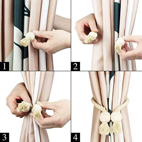 2 Pack Dark Beige Magnetic Curtain Tiebacks Cotton Hand Woven Tieback Holdback Decorative Tie Backs for Drapes with Wooden Buckle No Tools Required