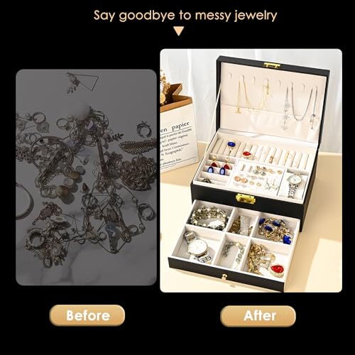 GUOER Jewelry Box for Women Girl Wife - Large PU Leather Jewelry Organizer Storage Case with Two Layers Display for Earrings Bracelets Rings Watches Mothers Day Gifts (Black)