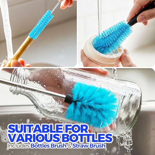 Holikme 4 Pack Bottle Brush Set, 14.5" Long Handle Stainless Steel Bottle Cleaner Brush, Long-Handled 4-in-1 Stainless Steel Bottle Brushes for Water Bottle, Cups, Abrasive Wheel Brushes, Blue