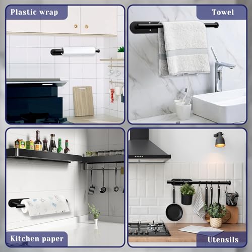 Paper Towel Holder, Self Adhesive or Drilling Paper Towel Holder Under Cabinet, Stainless Steel Black Paper Towel Holders Wall Mount for Kitchen, Bathroom, Sink, Pantry, Fridge