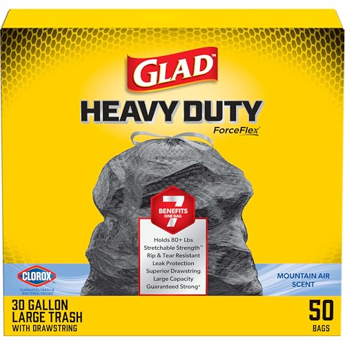 Glad ForceFlex Heavy Duty Trash Bags With Clorox, Mountain Air, 30 Gal, 50 Ct (Package May Vary)
