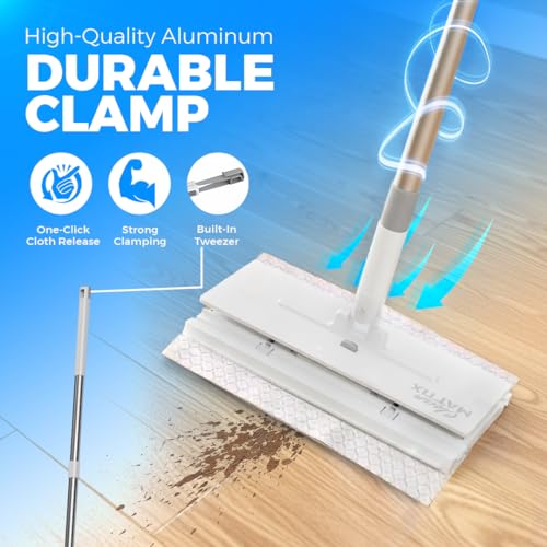 FlexiClamp Sweep & Mop Kit - Compatible with Swiffer Pads, Durable Cleaning Tool for Hardwood, Tile, Marble & Laminate Floors, Home, Kitchen Cleaning Essentials. (Include 10 Dry Cloths)