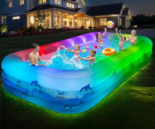 Extra Large Inflatable Pool with Lights - 145" x 74" x 22" Swimming Pool for Adults with Solar Powered, Blow Up Pool for Backyard (Air Pump Not Included)